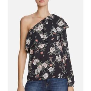 Aqua One Shoulder Long Floral Sleeve Ruffled Top Blouse Black Size XS